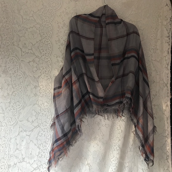 Boho Fringed Shawl Wrap Scarf Gray Rust Navy Plaid - Picture 7 of 12